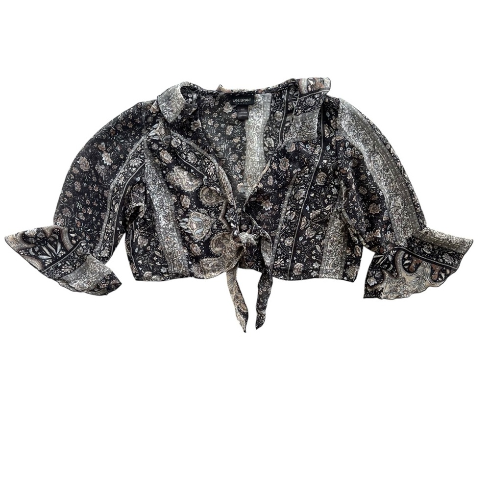 LANE Bryant Women 18-20 Brown Neutral Paisley Ruffle Trim Tie Crop Cardigan Boho